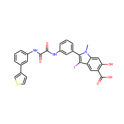 Cn1c(-c2cccc(NC(=O)C(=O)Nc3cccc(-c4ccsc4)c3)c2)c(I)c2cc(C(=O)O)c(O)cc21 ZINC000220907418