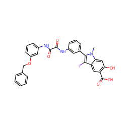 Cn1c(-c2cccc(NC(=O)C(=O)Nc3cccc(OCc4ccccc4)c3)c2)c(I)c2cc(C(=O)O)c(O)cc21 ZINC000221042638