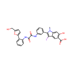 Cn1c(-c2cccc(NC(=O)C(=O)Nc3ccccc3-c3ccc(CO)o3)c2)c(I)c2cc(C(=O)O)c(O)cc21 ZINC000299830912