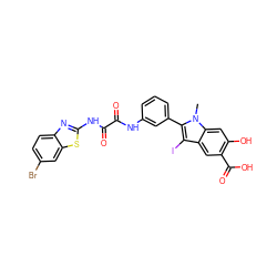 Cn1c(-c2cccc(NC(=O)C(=O)Nc3nc4ccc(Br)cc4s3)c2)c(I)c2cc(C(=O)O)c(O)cc21 ZINC000221042475