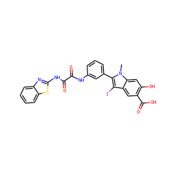 Cn1c(-c2cccc(NC(=O)C(=O)Nc3nc4ccccc4s3)c2)c(I)c2cc(C(=O)O)c(O)cc21 ZINC000221053906