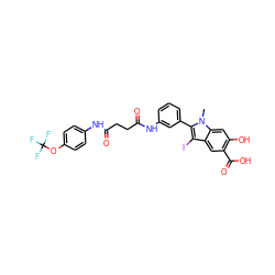 Cn1c(-c2cccc(NC(=O)CCC(=O)Nc3ccc(OC(F)(F)F)cc3)c2)c(I)c2cc(C(=O)O)c(O)cc21 ZINC000299826503