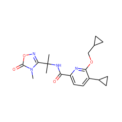 Cn1c(C(C)(C)NC(=O)c2ccc(C3CC3)c(OCC3CC3)n2)noc1=O ZINC000206697732