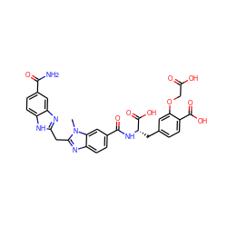 Cn1c(Cc2nc3cc(C(N)=O)ccc3[nH]2)nc2ccc(C(=O)N[C@@H](Cc3ccc(C(=O)O)c(OCC(=O)O)c3)C(=O)O)cc21 ZINC000026399236