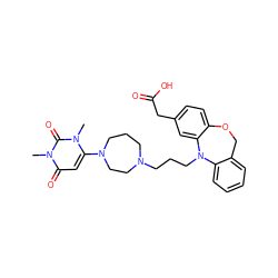 Cn1c(N2CCCN(CCCN3c4ccccc4COc4ccc(CC(=O)O)cc43)CC2)cc(=O)n(C)c1=O ZINC000071296608