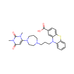 Cn1c(N2CCCN(CCCN3c4ccccc4Sc4ccc(C(=O)O)cc43)CC2)cc(=O)n(C)c1=O ZINC000043078214