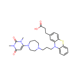 Cn1c(N2CCCN(CCCN3c4ccccc4Sc4ccc(CCC(=O)O)cc43)CC2)cc(=O)n(C)c1=O ZINC000043120787