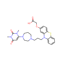 Cn1c(N2CCCN(CCCN3c4ccccc4Sc4ccc(OCC(=O)O)cc43)CC2)cc(=O)n(C)c1=O ZINC000043020879