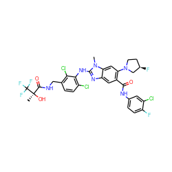 Cn1c(Nc2c(Cl)ccc(CNC(=O)[C@@](C)(O)C(F)(F)F)c2Cl)nc2cc(C(=O)Nc3ccc(F)c(Cl)c3)c(N3CC[C@@H](F)C3)cc21 ZINC000169701065