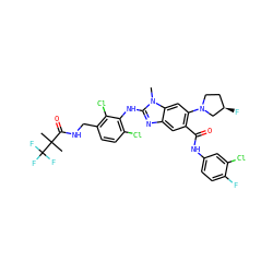 Cn1c(Nc2c(Cl)ccc(CNC(=O)C(C)(C)C(F)(F)F)c2Cl)nc2cc(C(=O)Nc3ccc(F)c(Cl)c3)c(N3CC[C@@H](F)C3)cc21 ZINC000169701053