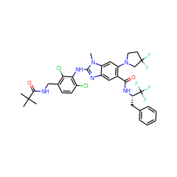 Cn1c(Nc2c(Cl)ccc(CNC(=O)C(C)(C)C)c2Cl)nc2cc(C(=O)N[C@@H](Cc3ccccc3)C(F)(F)F)c(N3CCC(F)(F)C3)cc21 ZINC000169700916