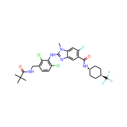 Cn1c(Nc2c(Cl)ccc(CNC(=O)C(C)(C)C)c2Cl)nc2cc(C(=O)N[C@H]3CC[C@H](C(F)(F)F)CC3)c(F)cc21 ZINC000261140451