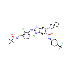 Cn1c(Nc2c(Cl)ccc(CNC(=O)C(C)(C)C)c2Cl)nc2cc(C(=O)N[C@H]3CC[C@H](C(F)(F)F)CC3)c(N3CC4(CCC4)C3)cc21 ZINC000261093776