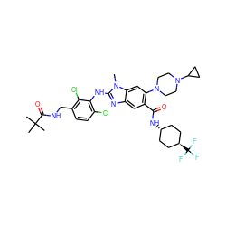 Cn1c(Nc2c(Cl)ccc(CNC(=O)C(C)(C)C)c2Cl)nc2cc(C(=O)N[C@H]3CC[C@H](C(F)(F)F)CC3)c(N3CCN(C4CC4)CC3)cc21 ZINC000261169369