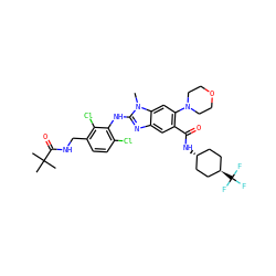Cn1c(Nc2c(Cl)ccc(CNC(=O)C(C)(C)C)c2Cl)nc2cc(C(=O)N[C@H]3CC[C@H](C(F)(F)F)CC3)c(N3CCOCC3)cc21 ZINC000261147372