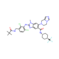 Cn1c(Nc2c(Cl)ccc(CNC(=O)C(C)(C)C)c2Cl)nc2cc(C(=O)N[C@H]3CC[C@H](C(F)(F)F)CC3)c(N3CCn4cncc4C3)cc21 ZINC000261073282