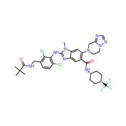 Cn1c(Nc2c(Cl)ccc(CNC(=O)C(C)(C)C)c2Cl)nc2cc(C(=O)N[C@H]3CC[C@H](C(F)(F)F)CC3)c(N3CCn4ncnc4C3)cc21 ZINC000261109980