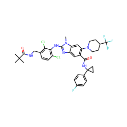 Cn1c(Nc2c(Cl)ccc(CNC(=O)C(C)(C)C)c2Cl)nc2cc(C(=O)NC3(c4ccc(F)cc4)CC3)c(N3CCC(C(F)(F)F)CC3)cc21 ZINC000169700926