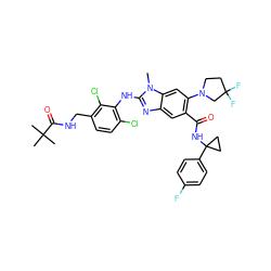 Cn1c(Nc2c(Cl)ccc(CNC(=O)C(C)(C)C)c2Cl)nc2cc(C(=O)NC3(c4ccc(F)cc4)CC3)c(N3CCC(F)(F)C3)cc21 ZINC000169700903