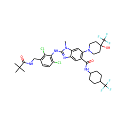 Cn1c(Nc2c(Cl)ccc(CNC(=O)C(C)(C)C)c2Cl)nc2cc(C(=O)NC3CCC(C(F)(F)F)CC3)c(N3CCC(O)(C(F)(F)F)CC3)cc21 ZINC000169700954