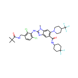 Cn1c(Nc2c(Cl)ccc(CNC(=O)C(C)(C)C)c2Cl)nc2cc(C(=O)NC3CCC(F)(F)CC3)c(N3CCC(C(F)(F)F)CC3)cc21 ZINC000169700928