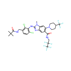 Cn1c(Nc2c(Cl)ccc(CNC(=O)C(C)(C)C)c2Cl)nc2cc(C(=O)NCC(F)(F)C(F)(F)F)c(N3CCC(C(F)(F)F)CC3)cc21 ZINC000169700922