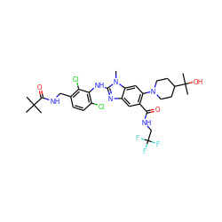 Cn1c(Nc2c(Cl)ccc(CNC(=O)C(C)(C)C)c2Cl)nc2cc(C(=O)NCC(F)(F)F)c(N3CCC(C(C)(C)O)CC3)cc21 ZINC000165383637