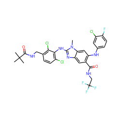 Cn1c(Nc2c(Cl)ccc(CNC(=O)C(C)(C)C)c2Cl)nc2cc(C(=O)NCC(F)(F)F)c(Nc3ccc(F)c(Cl)c3)cc21 ZINC000169700895