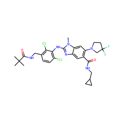 Cn1c(Nc2c(Cl)ccc(CNC(=O)C(C)(C)C)c2Cl)nc2cc(C(=O)NCC3CC3)c(N3CCC(F)(F)C3)cc21 ZINC000169700913