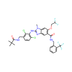 Cn1c(Nc2c(Cl)ccc(CNC(=O)C(C)(C)C)c2Cl)nc2cc(C(=O)NCc3ccccc3C(F)(F)F)c(OCC(F)F)cc21 ZINC000169703084