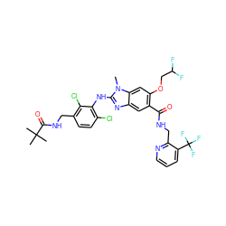 Cn1c(Nc2c(Cl)ccc(CNC(=O)C(C)(C)C)c2Cl)nc2cc(C(=O)NCc3ncccc3C(F)(F)F)c(OCC(F)F)cc21 ZINC000169703097