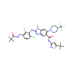 Cn1c(Nc2c(Cl)ccc(CNC(=O)C(C)(C)C)c2Cl)nc2cc(C(=O)Nc3cc(C(C)(C)C)on3)c(N3CCC(C(F)(F)F)CC3)cc21 ZINC000169701034