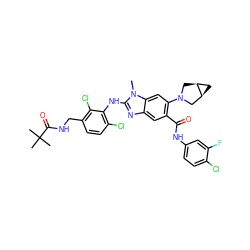 Cn1c(Nc2c(Cl)ccc(CNC(=O)C(C)(C)C)c2Cl)nc2cc(C(=O)Nc3ccc(Cl)c(F)c3)c(N3C[C@H]4C[C@H]4C3)cc21 ZINC000169700939