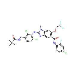 Cn1c(Nc2c(Cl)ccc(CNC(=O)C(C)(C)C)c2Cl)nc2cc(C(=O)Nc3ccc(Cl)cc3F)c(OCC(F)F)cc21 ZINC000169703082