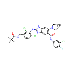 Cn1c(Nc2c(Cl)ccc(CNC(=O)C(C)(C)C)c2Cl)nc2cc(C(=O)Nc3ccc(F)c(Cl)c3)c(N3C[C@H]4C[C@H]4C3)cc21 ZINC000169700936