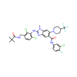 Cn1c(Nc2c(Cl)ccc(CNC(=O)C(C)(C)C)c2Cl)nc2cc(C(=O)Nc3ccc(F)c(Cl)c3)c(N3CCC(C(F)(F)F)CC3)cc21 ZINC000165416836