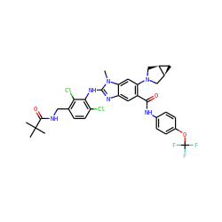 Cn1c(Nc2c(Cl)ccc(CNC(=O)C(C)(C)C)c2Cl)nc2cc(C(=O)Nc3ccc(OC(F)(F)F)cc3)c(N3C[C@H]4C[C@H]4C3)cc21 ZINC000169700933