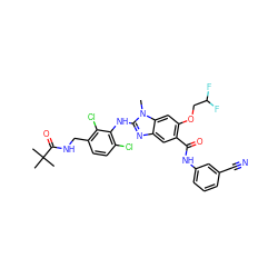 Cn1c(Nc2c(Cl)ccc(CNC(=O)C(C)(C)C)c2Cl)nc2cc(C(=O)Nc3cccc(C#N)c3)c(OCC(F)F)cc21 ZINC000169703077