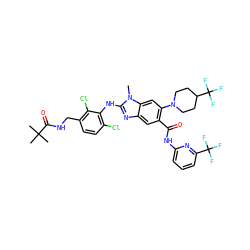 Cn1c(Nc2c(Cl)ccc(CNC(=O)C(C)(C)C)c2Cl)nc2cc(C(=O)Nc3cccc(C(F)(F)F)n3)c(N3CCC(C(F)(F)F)CC3)cc21 ZINC000169700923