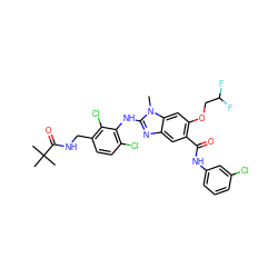 Cn1c(Nc2c(Cl)ccc(CNC(=O)C(C)(C)C)c2Cl)nc2cc(C(=O)Nc3cccc(Cl)c3)c(OCC(F)F)cc21 ZINC000169703079