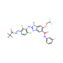 Cn1c(Nc2c(Cl)ccc(CNC(=O)C(C)(C)C)c2Cl)nc2cc(C(=O)Nc3cccc(F)c3)c(OCC(F)F)cc21 ZINC000169703080