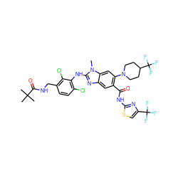 Cn1c(Nc2c(Cl)ccc(CNC(=O)C(C)(C)C)c2Cl)nc2cc(C(=O)Nc3nc(C(F)(F)F)cs3)c(N3CCC(C(F)(F)F)CC3)cc21 ZINC000169701036