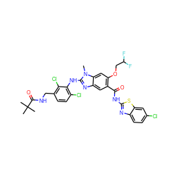 Cn1c(Nc2c(Cl)ccc(CNC(=O)C(C)(C)C)c2Cl)nc2cc(C(=O)Nc3nc4ccc(Cl)cc4s3)c(OCC(F)F)cc21 ZINC000169703083