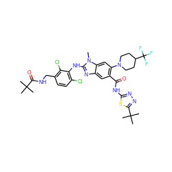 Cn1c(Nc2c(Cl)ccc(CNC(=O)C(C)(C)C)c2Cl)nc2cc(C(=O)Nc3nnc(C(C)(C)C)s3)c(N3CCC(C(F)(F)F)CC3)cc21 ZINC000169701037