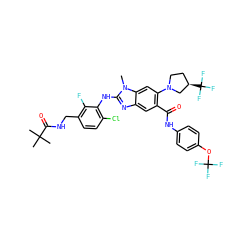 Cn1c(Nc2c(Cl)ccc(CNC(=O)C(C)(C)C)c2F)nc2cc(C(=O)Nc3ccc(OC(F)(F)F)cc3)c(N3CC[C@@H](C(F)(F)F)C3)cc21 ZINC000169701019