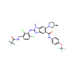 Cn1c(Nc2c(Cl)ccc(CNC(=O)C(C)(C)F)c2Cl)nc2cc(C(=O)Nc3ccc(OC(F)(F)F)cc3)c(N3CC[C@@H](F)C3)cc21 ZINC000169701057