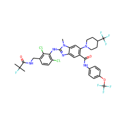 Cn1c(Nc2c(Cl)ccc(CNC(=O)C(C)(C)F)c2Cl)nc2cc(C(=O)Nc3ccc(OC(F)(F)F)cc3)c(N3CCC(C(F)(F)F)CC3)cc21 ZINC000169701054