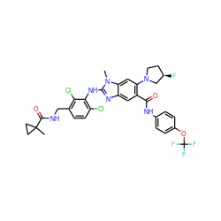 Cn1c(Nc2c(Cl)ccc(CNC(=O)C3(C)CC3)c2Cl)nc2cc(C(=O)Nc3ccc(OC(F)(F)F)cc3)c(N3CC[C@@H](F)C3)cc21 ZINC000169701032