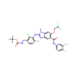 Cn1c(Nc2c(Cl)ccc(CNC(=O)OC(C)(C)C)c2Cl)nc2cc(C(=O)Nc3ccc(F)c(Cl)c3)c(OCC(F)F)cc21 ZINC000169703064