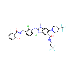 Cn1c(Nc2c(Cl)ccc(CNC(=O)c3c(O)cccc3F)c2Cl)nc2cc(C(=O)NCCC(F)(F)F)c(N3CCC(C(F)(F)F)CC3)cc21 ZINC000169701047